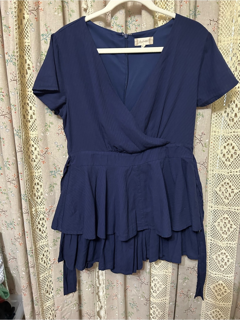 Altar’d State Navy Wrap Romper Ruffle Hem Tie‎ Waist Cottagecore Large